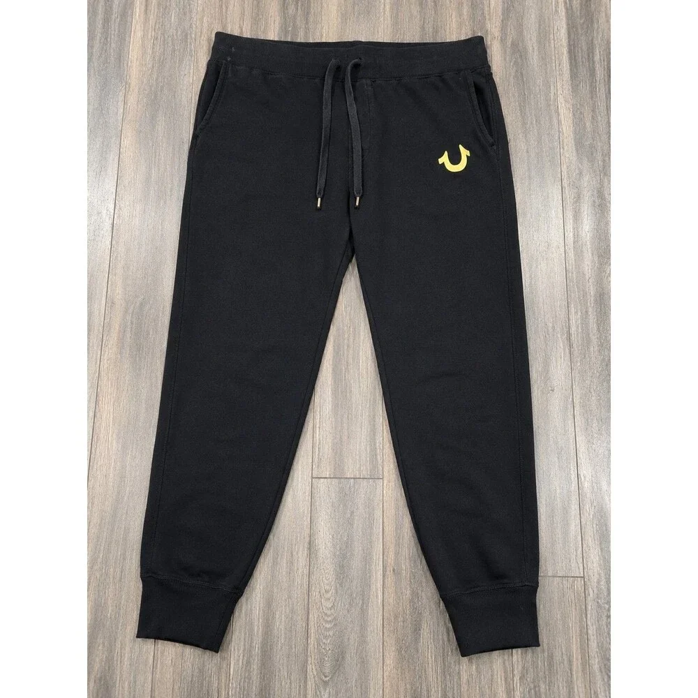 True Religion XL Black Fleece Joggers Gold Horseshoe Logo Sweatpants Mens